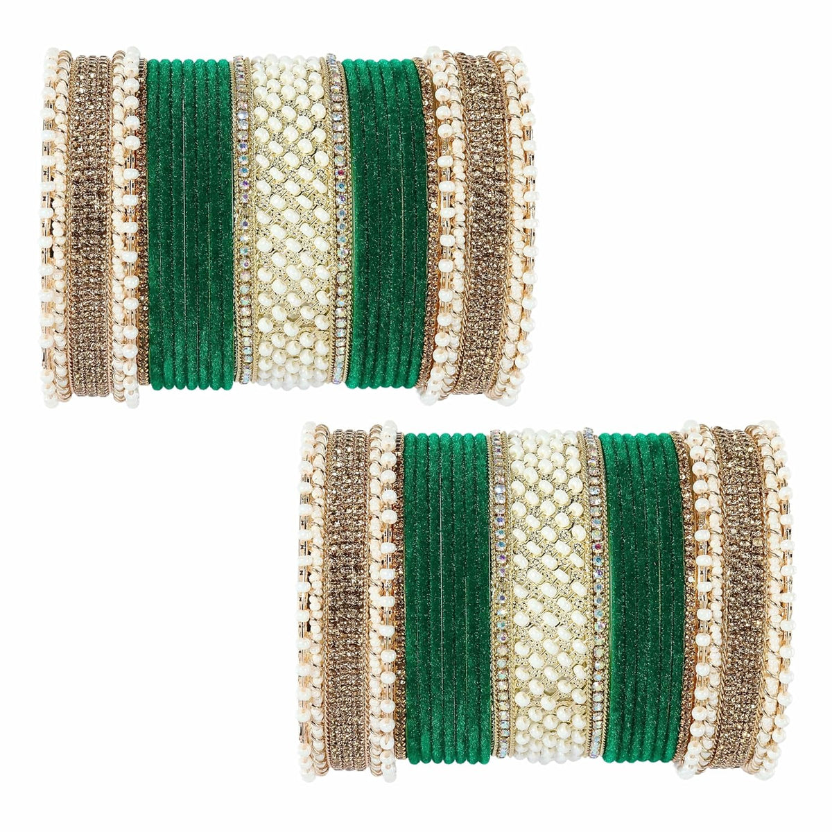 NMII Golden Metal Chuda Bangles Set For Bridal Women & Girls with Zircon Diamond, White Motis & Velvet Bangles | Latest Trendy Chooda Set | Bangles Set For Wedding, Party, Occasion- Set of 34