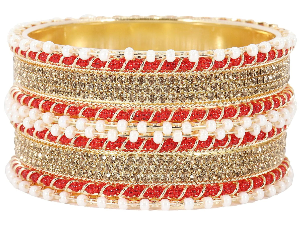 NMII Non-Precious Metal Base Metal Studded with Zircon Gemstone and linked with Pearl Chain Glossy Finished Kada/Bangle set for Women and Girls