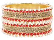 NMII Non-Precious Metal Base Metal Studded with Zircon Gemstone and linked with Pearl Chain Glossy Finished Kada/Bangle set for Women and Girls