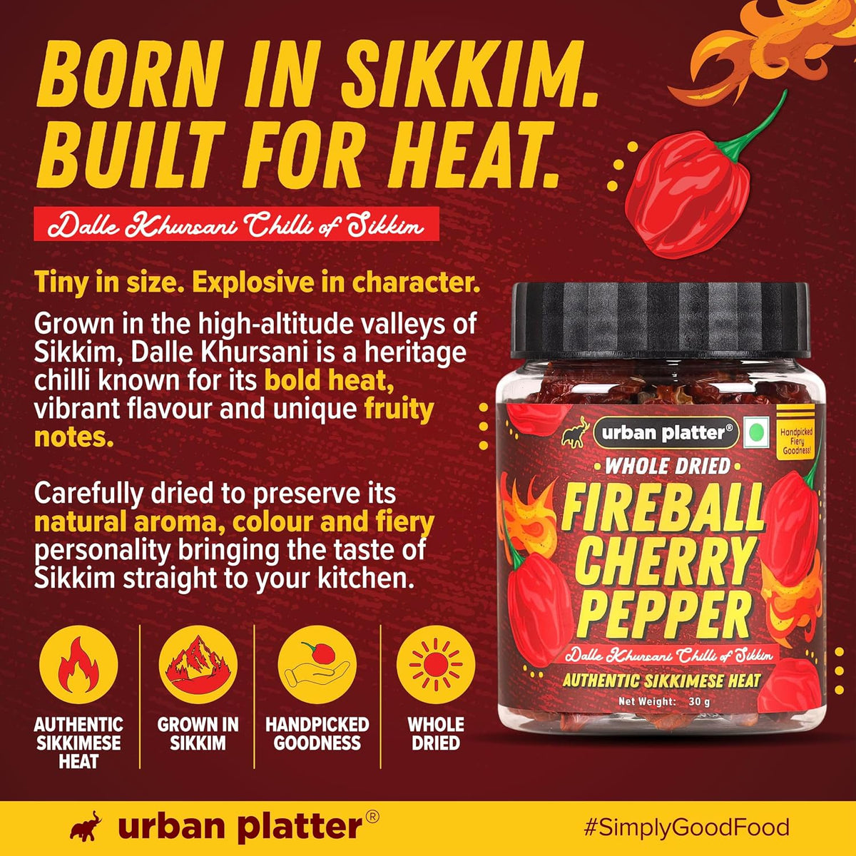 Urban Platter Fireball Cherry Pepper, 30g (Whole & Dried | Dalle Khursani Chilli of Sikkim |Hot & Fiery)