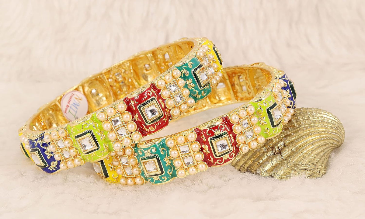 NMII Metal with Kundan and Pearl Studded Traditional Design Kada Set For Women and Girls