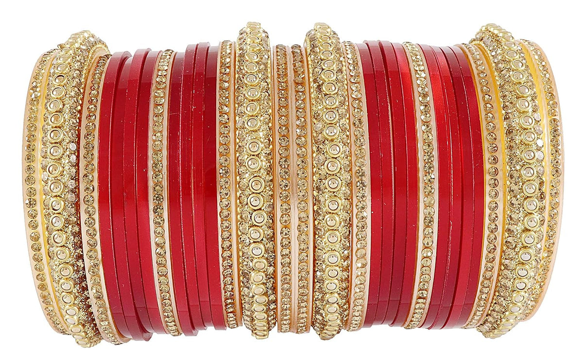 NMII Golden Traditional Acrylic Plastic Chuda Set For Bridal Women & Girls with Zircon Stone & Beads | Stylish Bridal Bangles For Wedding | Plastic Chura Set Punjabi Bnagles