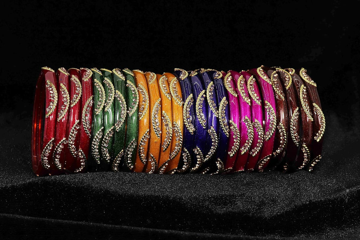NMII Stylish MultiColour Glass Kada Set For Women & Girls with Golden Zircon Stone & Beads | Bangles For Women Glass | Kada For Women | Colourful Bangles for Women | Glass Bangles Combo- Set of 24