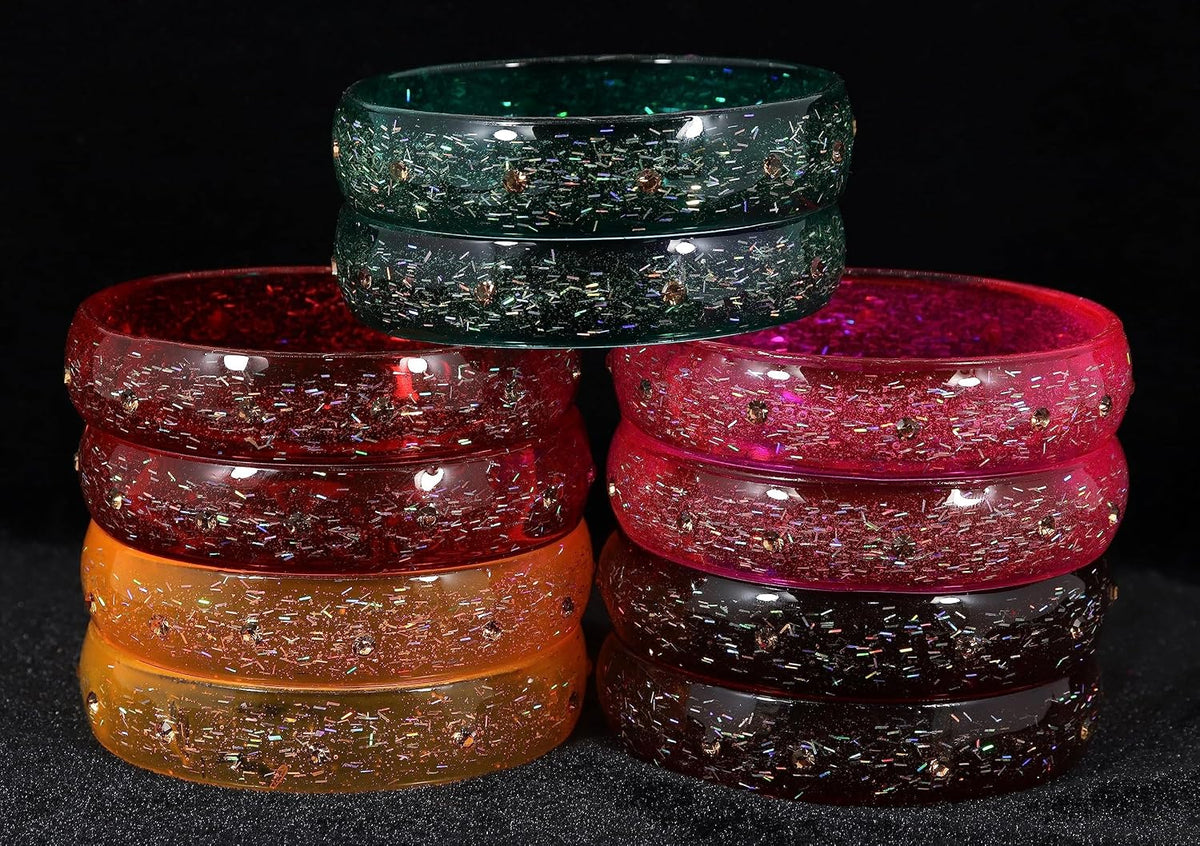 NMII Glass with Glitter and Feather Design Glossy Finished Multicolor Kada Set For Girls and Women- (Football-A21-MR2-2.6), Pack of 10 Multicolor Kada