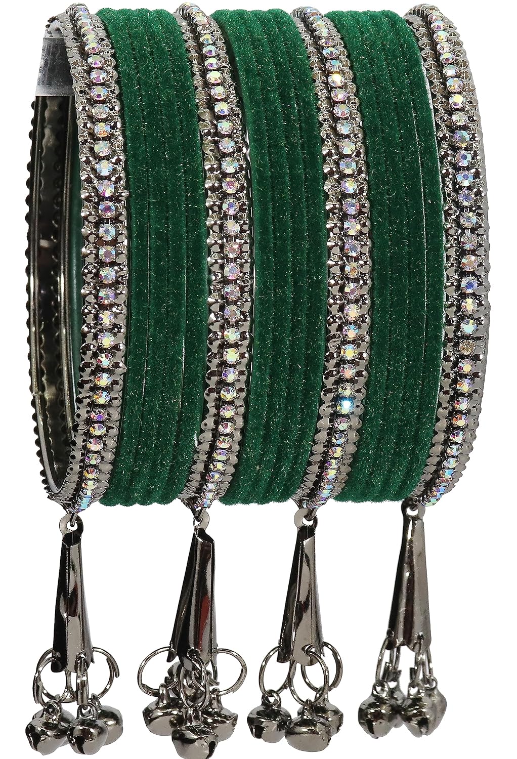 NMII Metal with Zircon Gemstone and Velvet Adorned Bells Latkan Bangles Set For Girls and Women