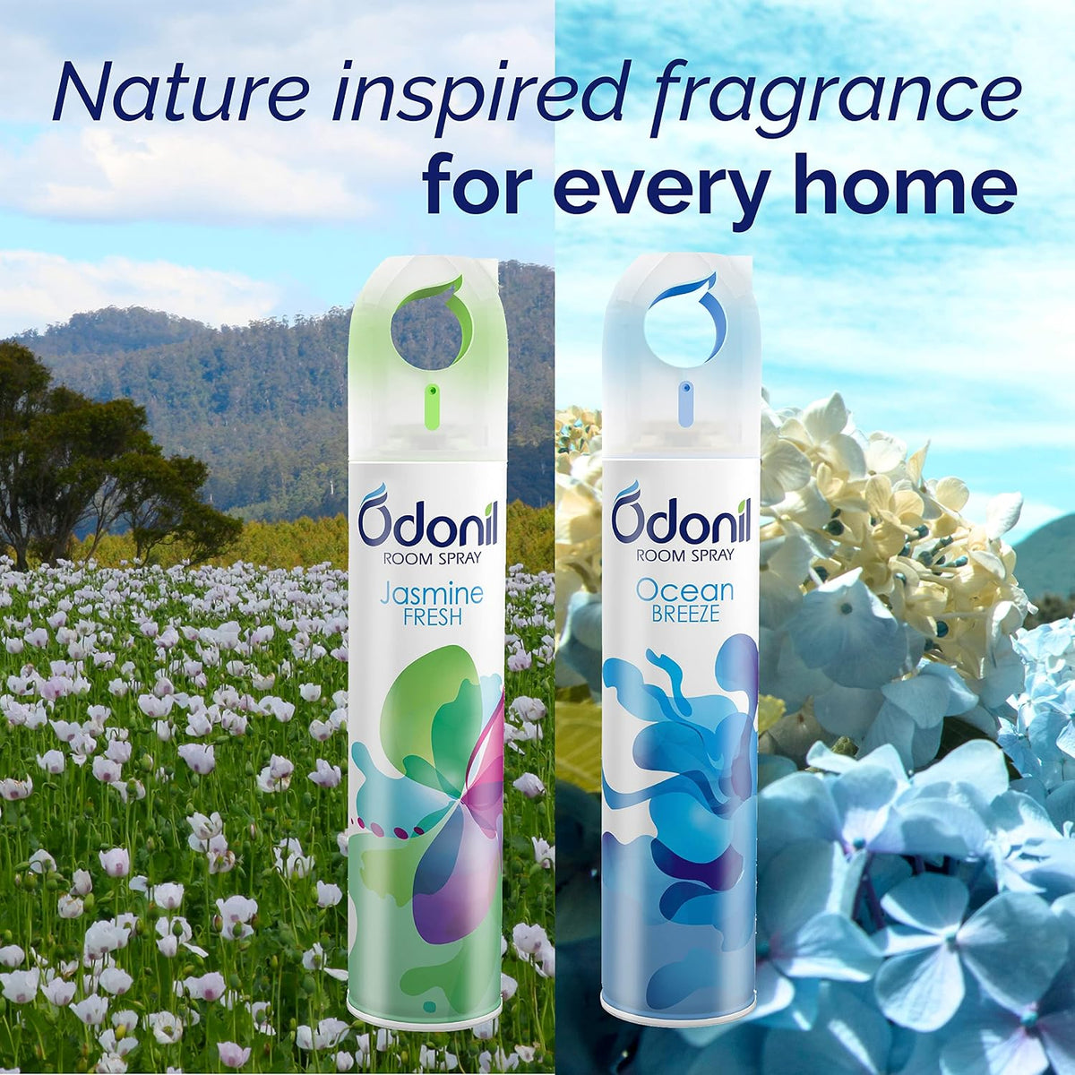 Odonil Air Freshener Room Spray - 440 ml Combo (Pack of 2, 220ml each) | Jasmine Fresh & Ocean Breeze | Nature Inspired Fragrance for Home & Office | Long Lasting Fragrance | Instant Freshness