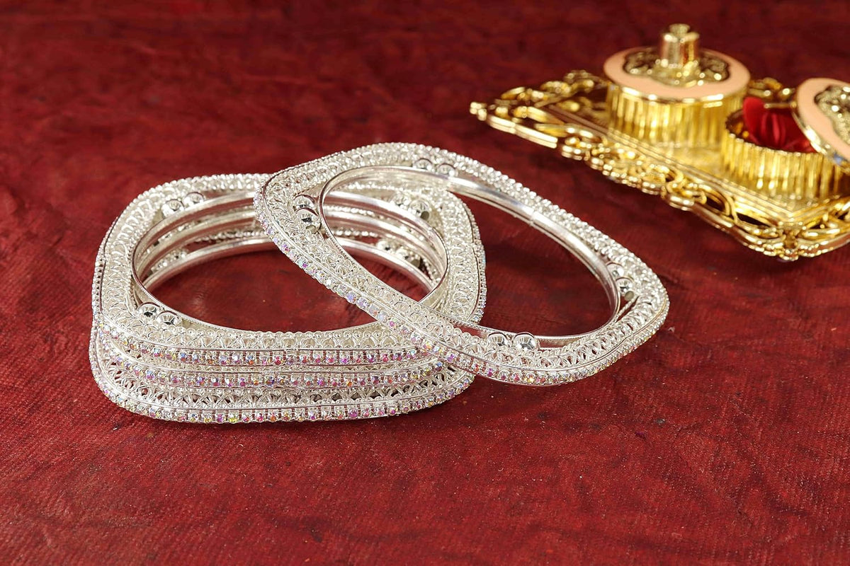 NMII Trendy Square Shaped Alloy Metal Bangles Set For Women & Girls with Zircon Diamond Stone | Latest Girl's Bangles Bracelet | Kangan For Women Wedding, Party, Special Occasion, Daily- Set of 4