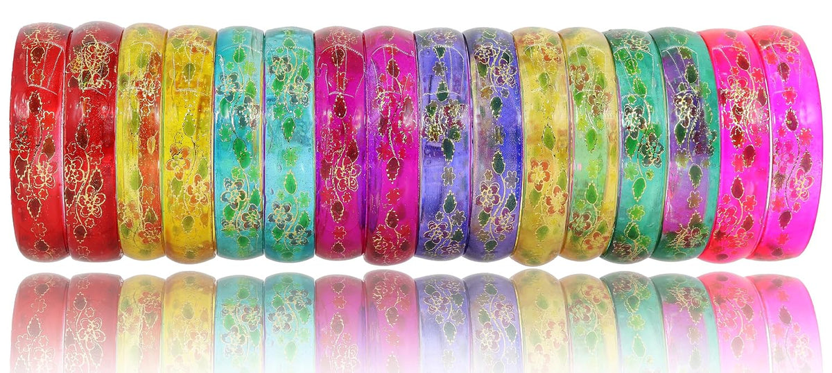 NMII Multi Colour Glass with Flower Print Kada Bangles Combo Set For Women and Girls | Fancy Glass Bangles Bracelet | Stylish Women's Kangan | Plain Simple Kada- Set of 16
