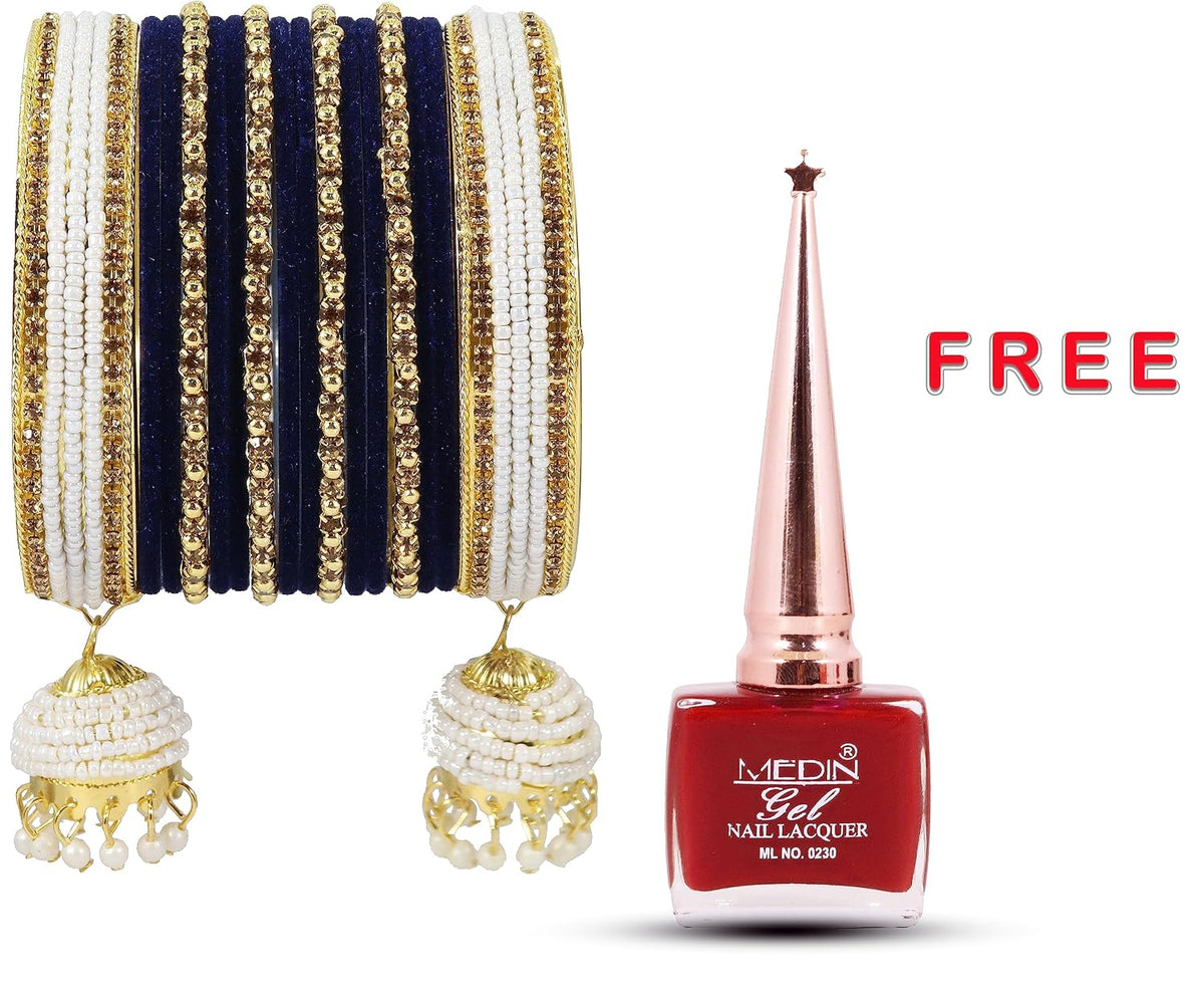 NMII Alloy Metal with Zircon Gemstone, Pearls and Velvet Latkan Golden Bangles Set For Girls and Women