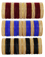 NMII Glass with Premium Velvet, Pearls and Ballchain Studded Fancy Bangles Set For Women's and Girls | Multicolour Stylish Bangles Set- Pack of 144 Bangles, (Multicolour_2.8 Inches)