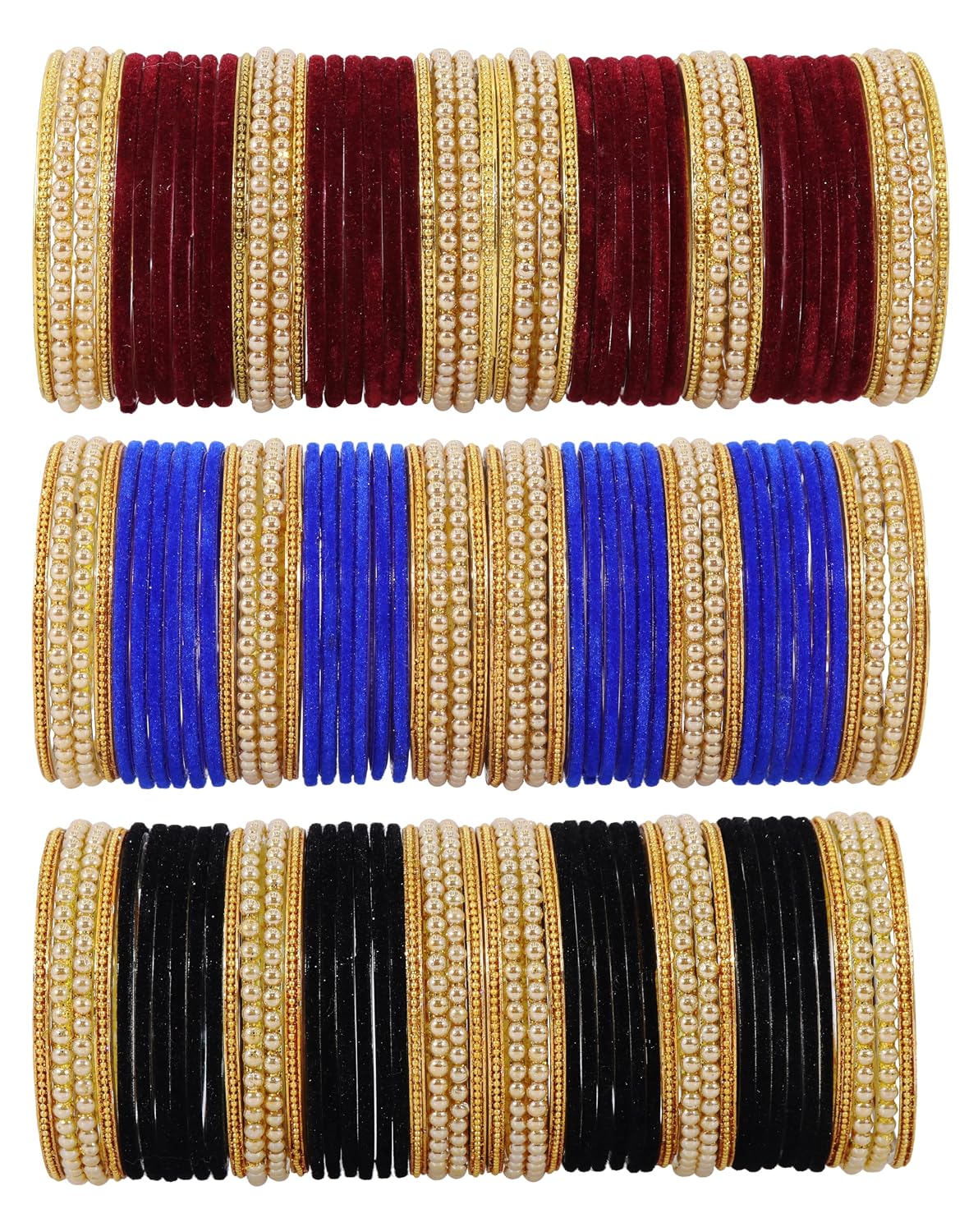 NMII Glass with Premium Velvet, Pearls and Ballchain Studded Fancy Bangles Set For Women's and Girls | Multicolour Stylish Bangles Set- Pack of 144 Bangles, (Multicolour_2.8 Inches)