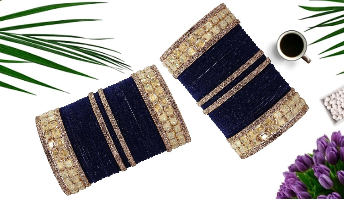 NMII Metal with Zircon Gemstone and Velvet Adorned Bangles Set For Girls and Women I Traditional Bangle Set, Wedding Bangle Set I Pack of 68 Bangles