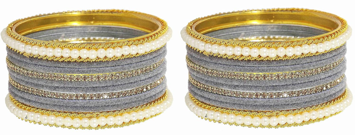 NMII Metal with Zircon Gemstone and Pearls Studded Velvet Bangle Set for Women and Girls