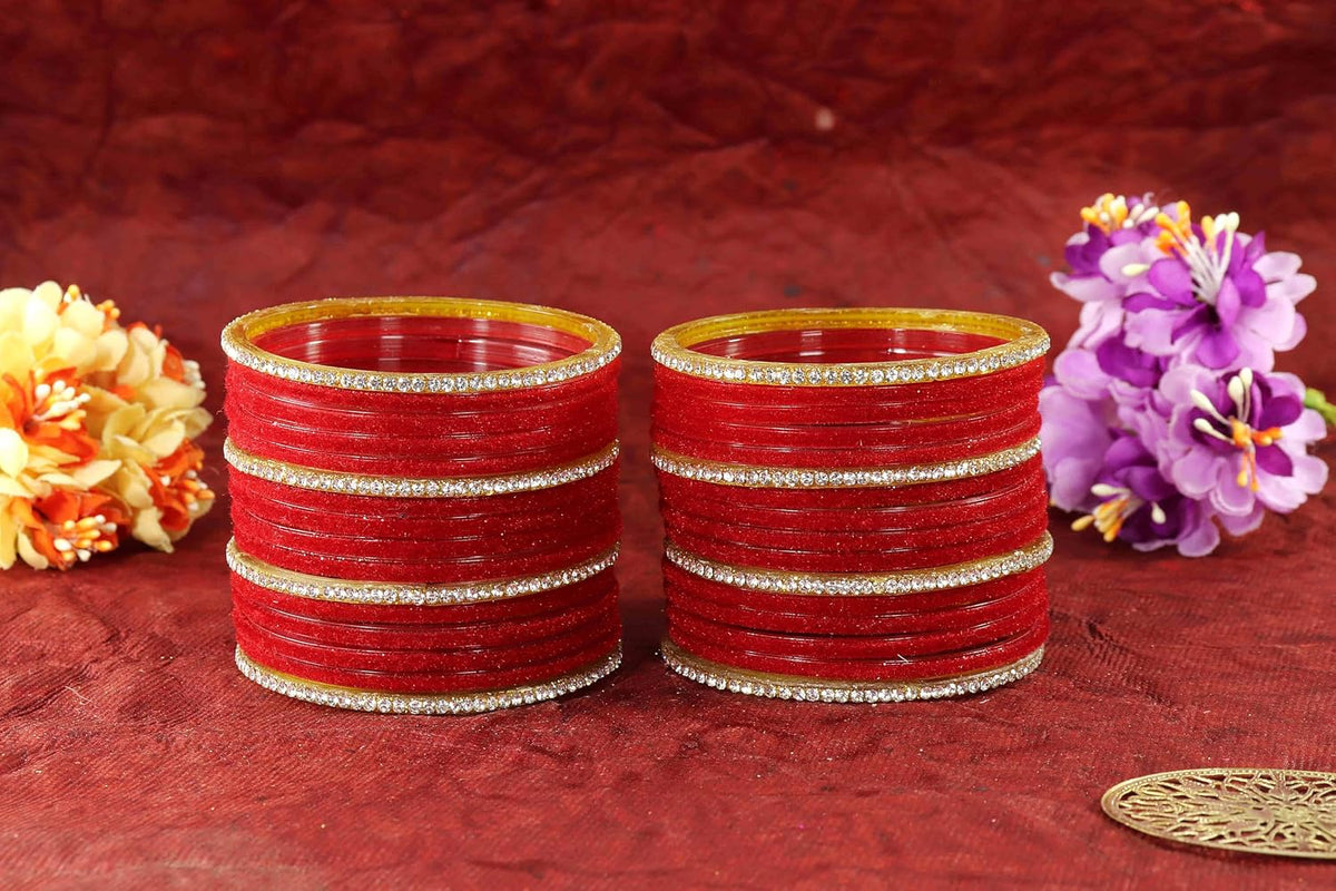 NMII Fancy Glass Golden Zircon Diamond Stone & Velvet Finish Plain Bangles Set For Women & Girls | Glass Velvet Bangles | Kanch ki Chudiyan | Girl's Bangles Bracelet | Fashion Jewellery- Set of 32