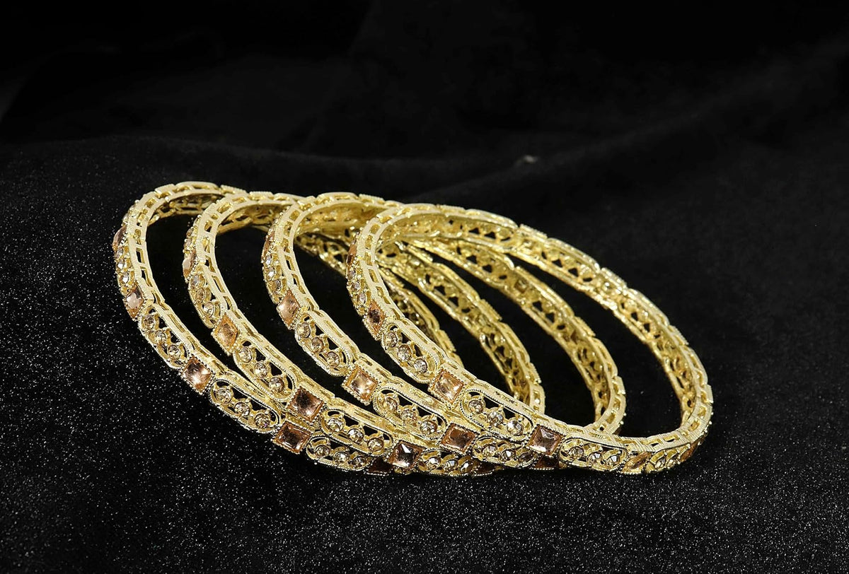 NMII Gold Plated Metal Kundan Stone & American Diamond Bangles Set For Women & Girls | AD Bangles | Traditional Bangles Set | Stone Work | Premium Design | Wedding, Party, Occasion- Set of 4