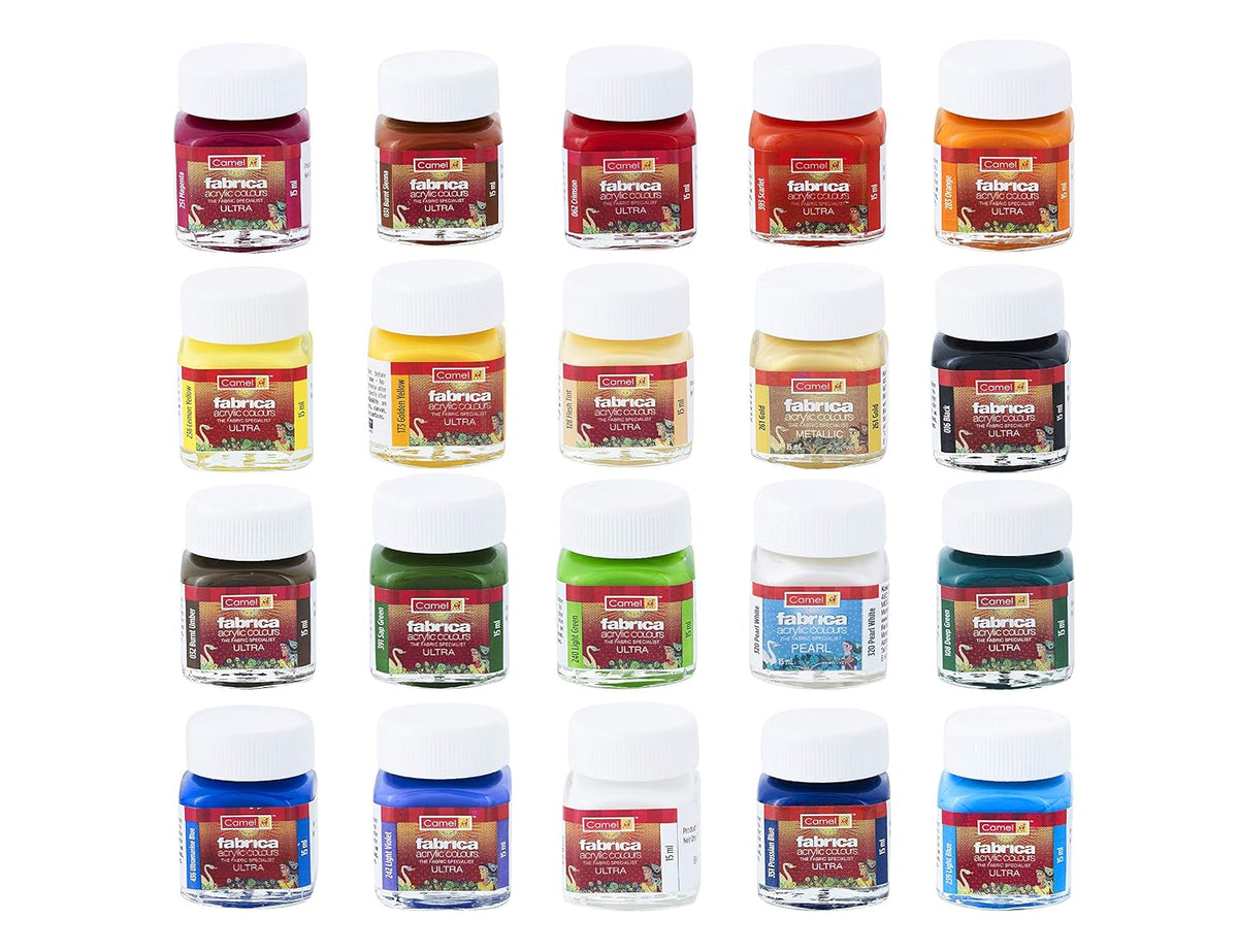 Camel Fabrica Acrylic Ultra Pearl And Metallic Colour Set - Pack Of 20 (White) Water Based Glass Color - 10Ml Each, 6 Shades