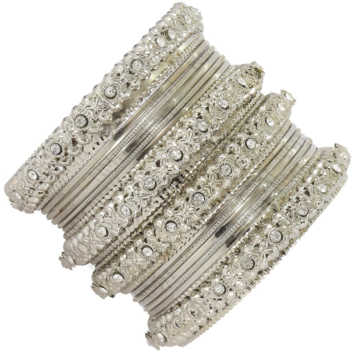 NMII Metal with Zircon Gemstone Studded Glossy Finished Flower Pattern Bangle Set For Women and Girls