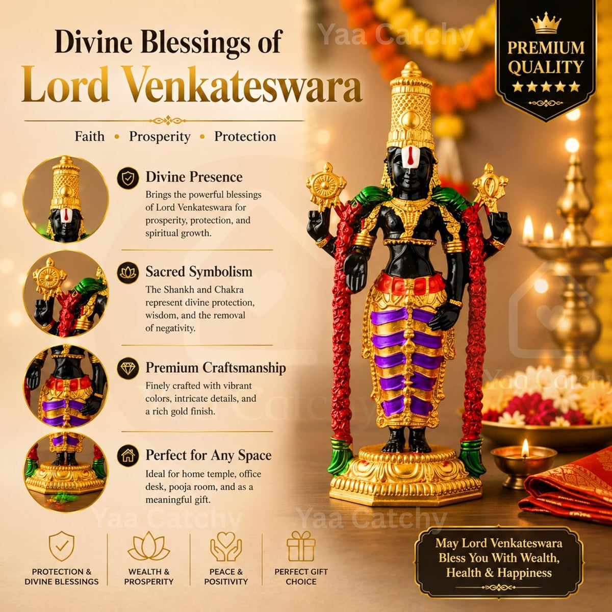 YaaNatural Yaa Catchy Lord Balaji Double-Sided Idol for Car Dashboard & Home Decor Gold Finish Venkateswara Face Statue | Spiritual Gift, Pooja & Office Idol (Thirupathi Colour Balaji)