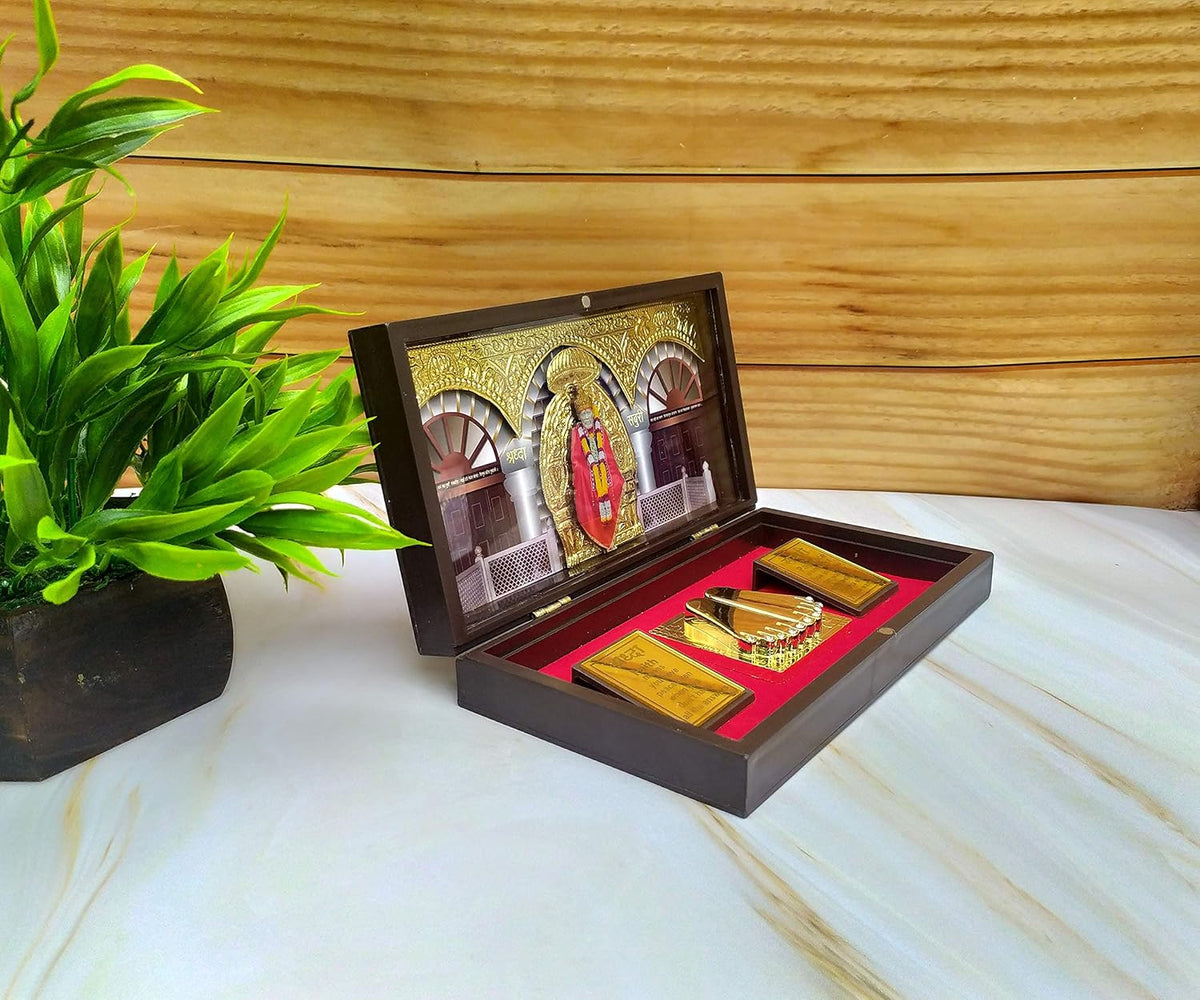 SHINDE EXPORTS Wooden Decorative Shirdi Sai Baba Photo Frame with Charan Paduka for God Pooja and Gift, Square, Tabletop, Wall Mount, 8.5x4.5 inch