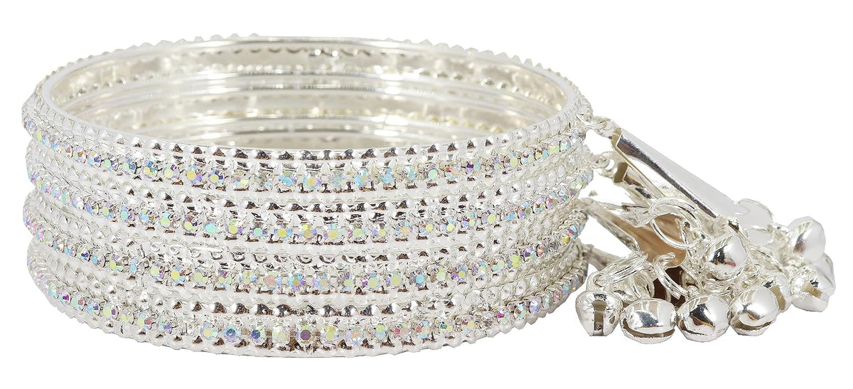 NMII Alloy Metal With Zircon Gemstone and Bells Latkan Linked Traditional Bangles Set For Girls and Women
