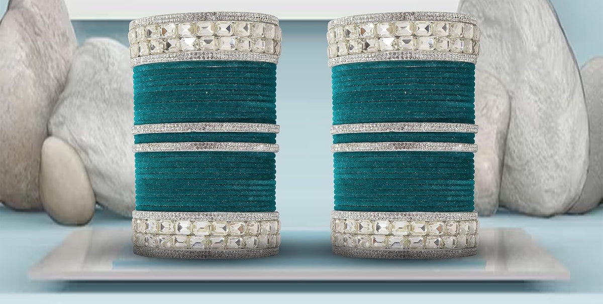 NMII Metal with Zircon Gemstone and Velvet Adorned Bangles Set For Girls and Women I Traditional Bangle Set, Wedding Bangle Set I Pack of 68 Bangles