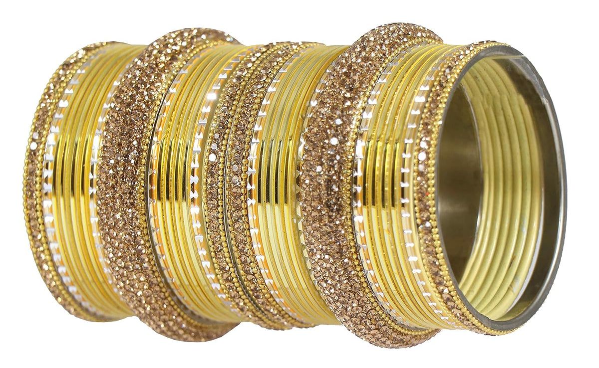 NMII Traditional Plain Metal Bangles with Golden Zircon Stone For Women & Girls | Chuda Set For Bridal Women Wedding, Party, Occasion | Golden Chuda | Metal Bangles For Women- Set of 30