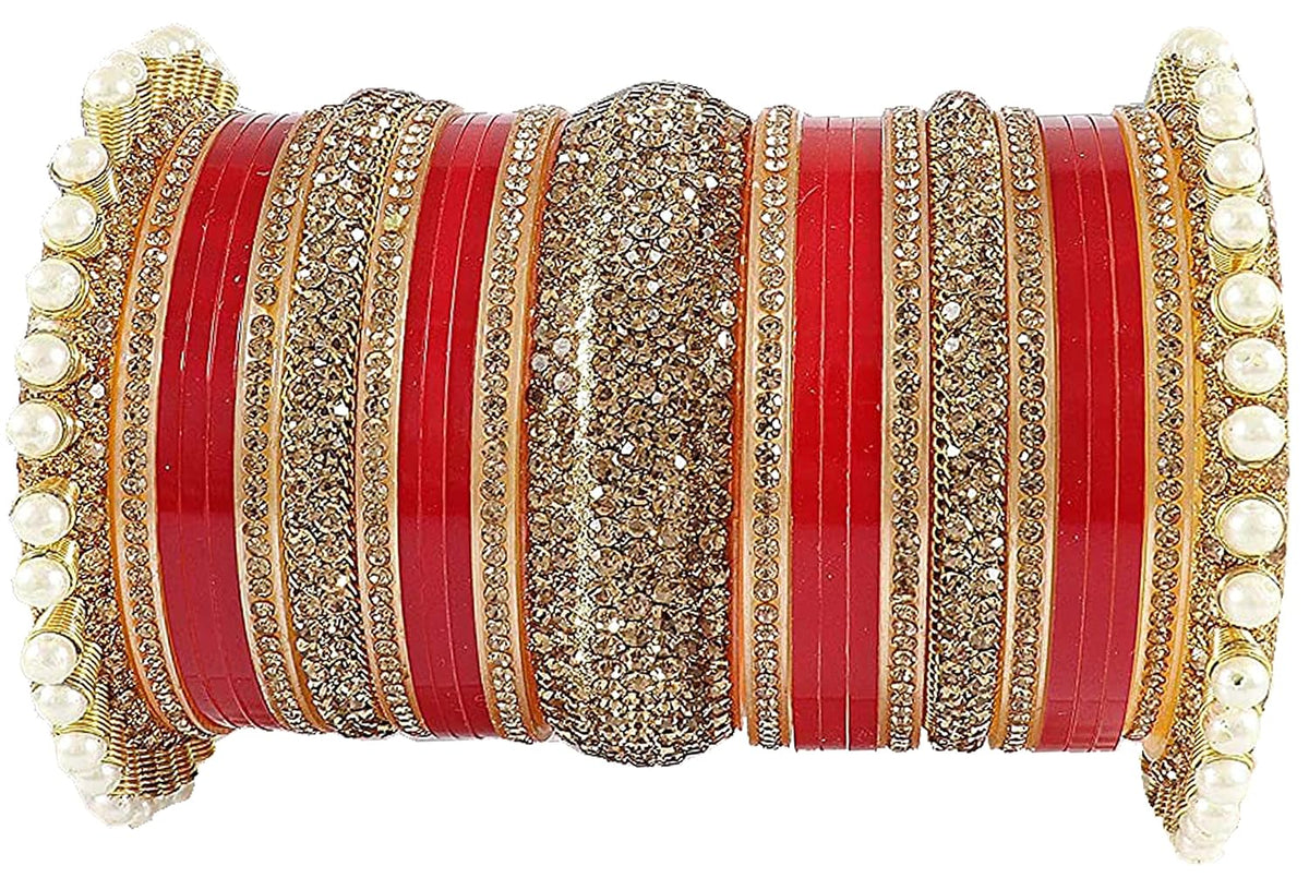 NMII Acrylic (Plastic) and Zircon Gemstone Studded with Pearl Glossy Finished (ONLY 1 HAND) Chuda Set For Women and Girls