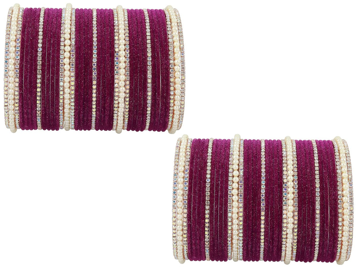 NMII Metal with Cubic Zirconia and Pearls Velvet Bangles For Women and Girls