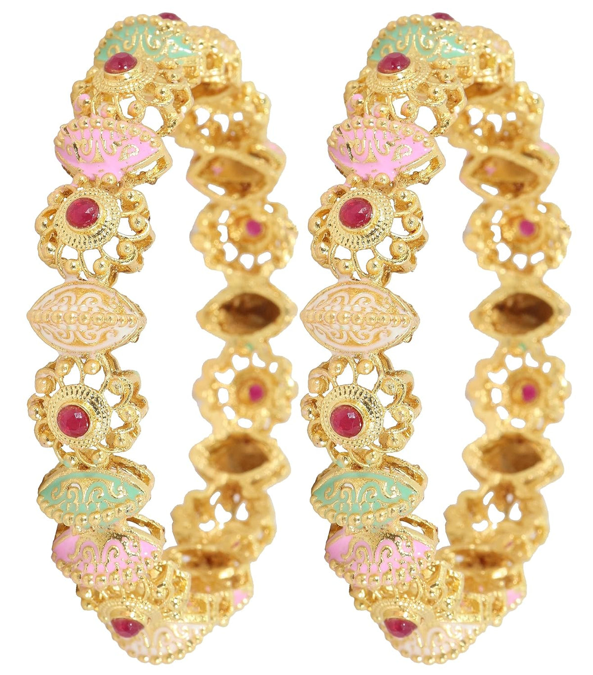 NMII Brass Gold Plated Bangles Set For Girls and Women Studded Pearls and Stone | Gold Plated Brass Bangles | Metal bangles | (Pack of 2)