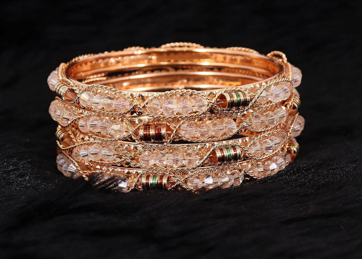 NMII Alloy Metal Golden Bangles Set For Girls & Women Studded Pearls, Beads and Chain | Stylish Bangles Set | Fancy Bangles Jewellery | Women's Bangle | (Pack of 4)