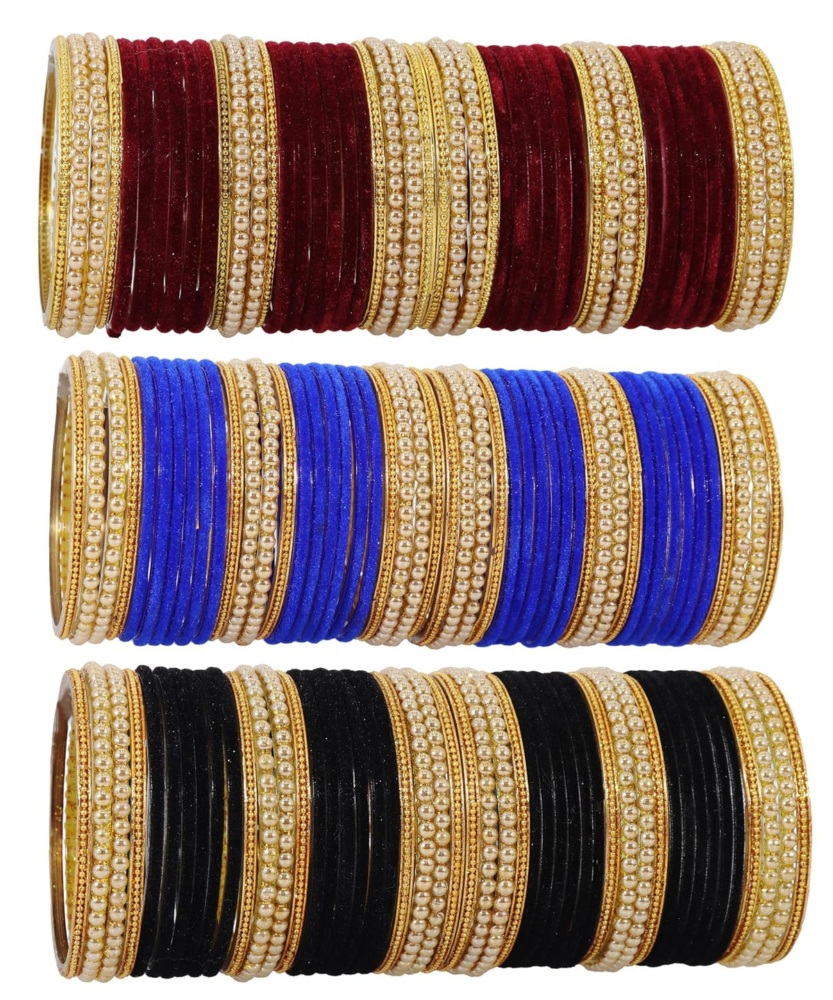 NMII Glass with Premium Velvet, Pearls and Ballchain Studded Fancy Bangles Set For Women's and Girls | Multicolour Stylish Bangles Set- Pack of 144 Bangles, (Multicolour_2.8 Inches)