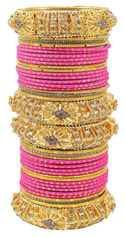 NMII Golden Polka Dotted Metal Bangles Chuda Set For Women & Girls with Zircon Stone & Beads Worked | Traditional Women's Bangles Chooda Set | Bangles For Women Latest- Set of 34