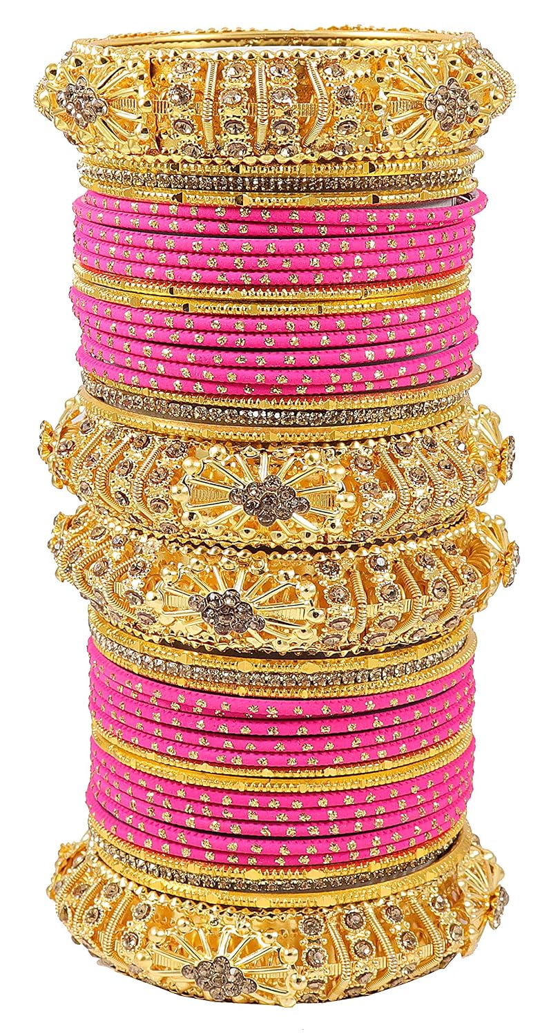 NMII Golden Polka Dotted Metal Bangles Chuda Set For Women & Girls with Zircon Stone & Beads Worked | Traditional Women's Bangles Chooda Set | Bangles For Women Latest- Set of 34