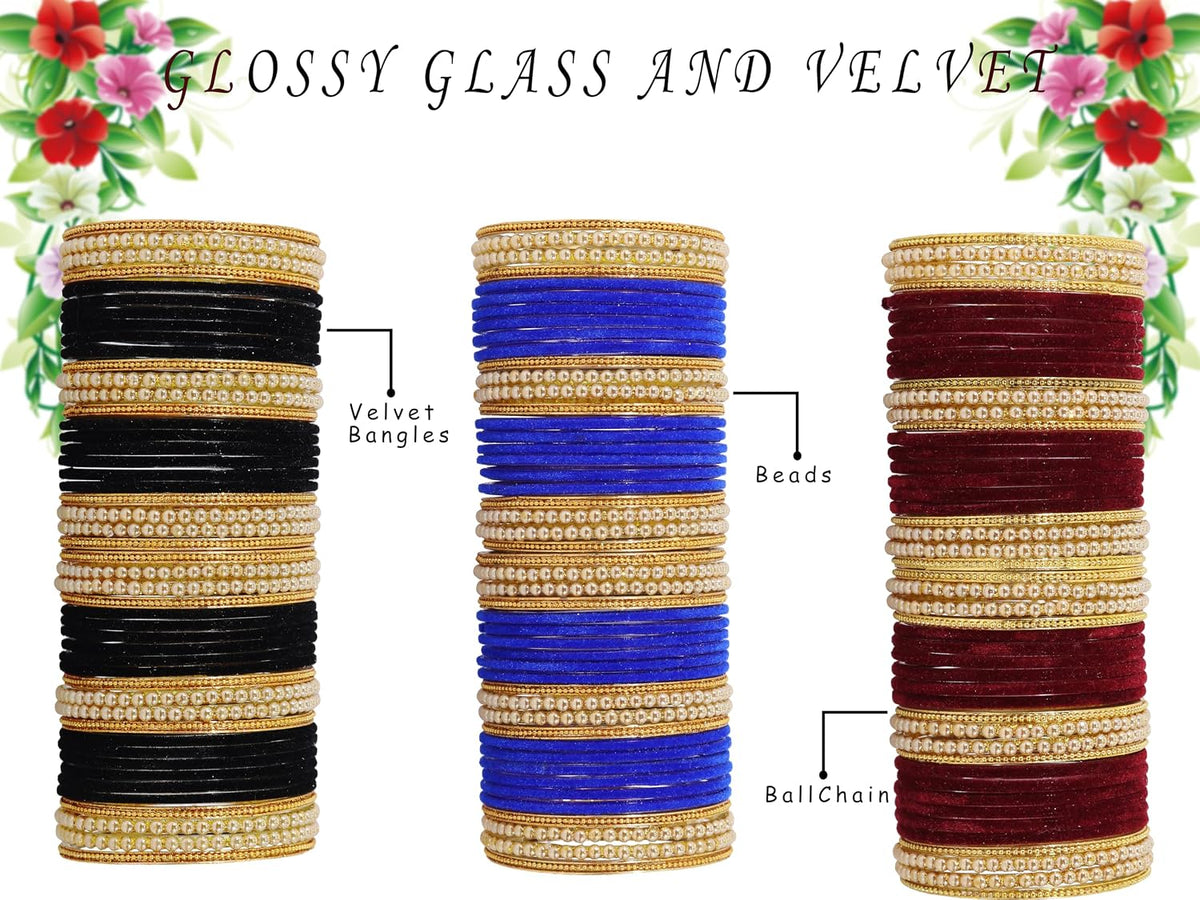 NMII Glass with Premium Velvet, Pearls and Ballchain Studded Fancy Bangles Set For Women's and Girls | Multicolour Stylish Bangles Set- Pack of 144 Bangles, (Multicolour_2.8 Inches)
