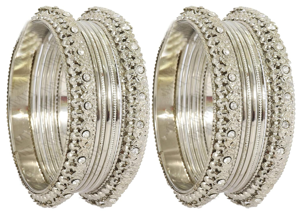 NMII Metal with Zircon Gemstone Studded Glossy Finished Flower Pattern Bangle Set For Women and Girls