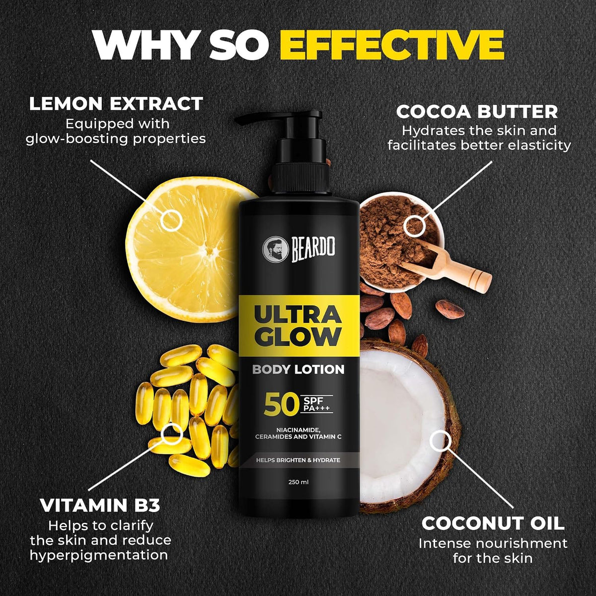 Beardo Ultraglow SPF 50 PA+++ Body Lotion for Men, 250 ml | Sun protection,Hydrating & Light Weight Winter Moisturizer for Body | Moisturizes & Nourishes Dry Skin | Body Butter for Men