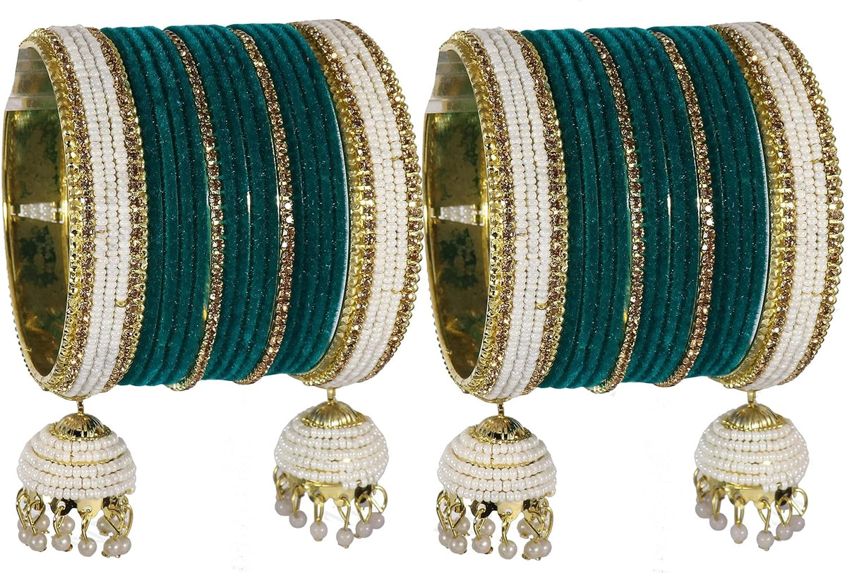 NMII Traditional White Pearls Moti Metal Latkan Bangles Chuda Set For Bridal Women & Girls with Golden Zircon Stone and Velvet | Bangles with Latkan For Wedding | Chura Set For Women Latest- Set of 32