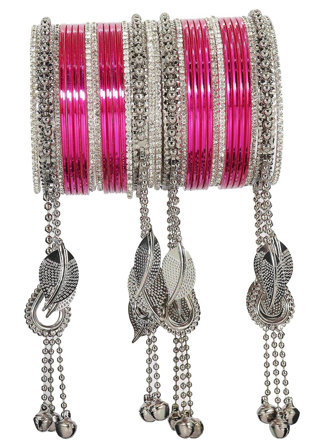NMII Oxidized Metal Base Metal with Zircon Gemstone and Linked with Ball Chain Glossy Finished Ghungroo Latkan Kaleere Type Bangle Set For Women and Girls