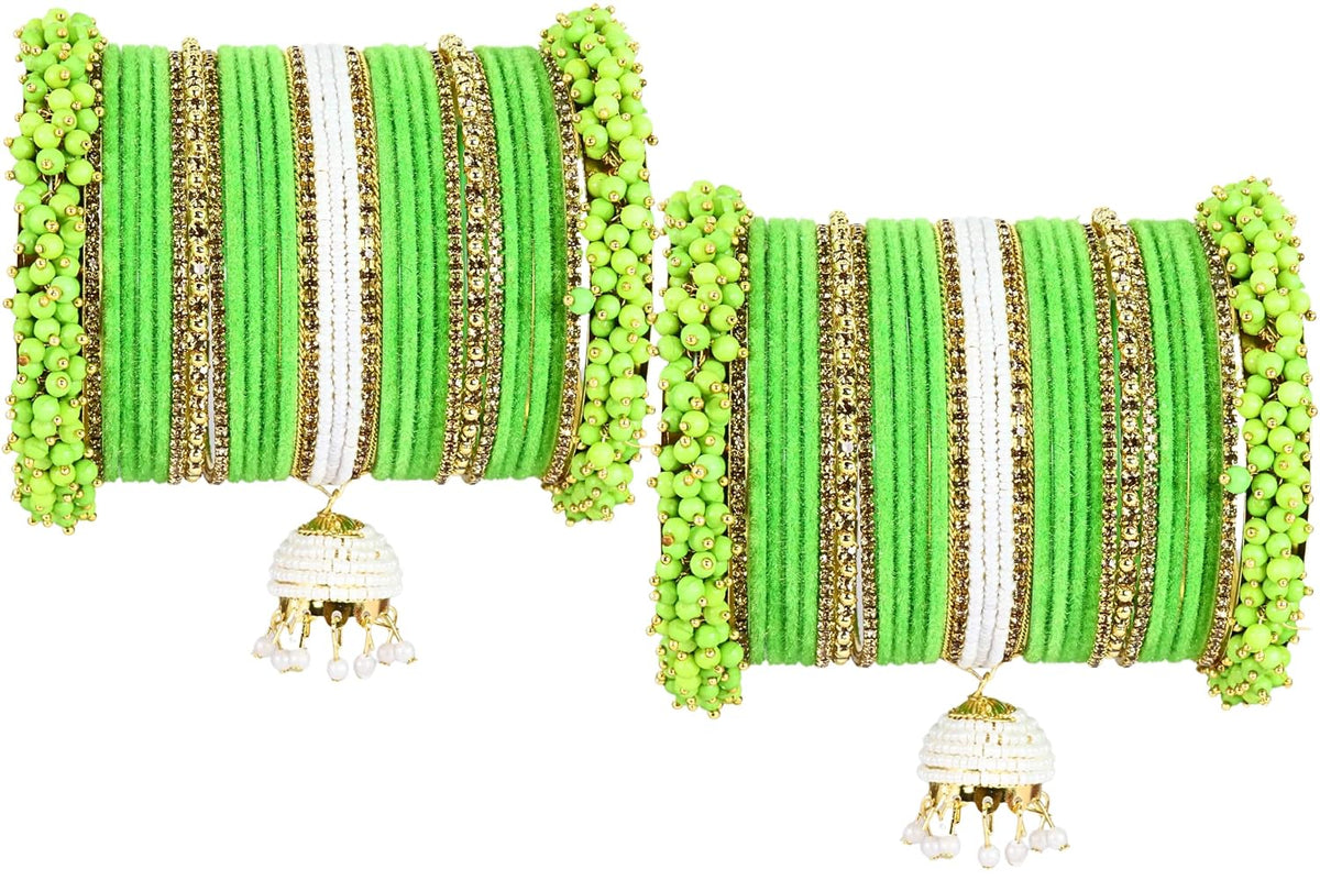 NMII Traditional Metal Velvet Bangles With Pearls & Zircon Stone Latkan Chuda Set for Bridal Women & Girls | Premium Set With Latkan for Wedding, Party, Festive, Occasion Wear - Set of 54