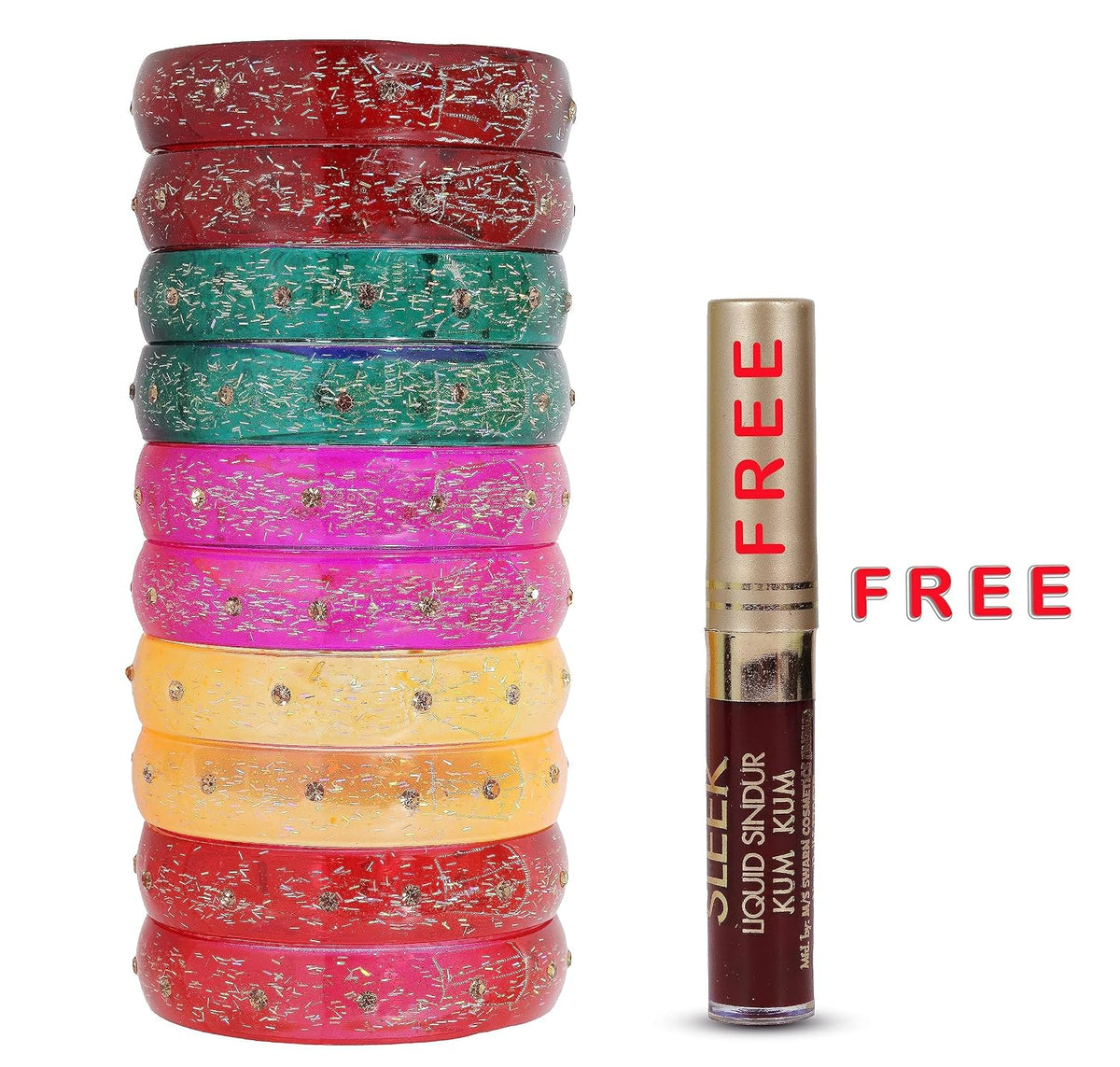 NMII Glass with Glitter and Feather Design Glossy Finished Multicolor Kada Set For Girls and Women- (Football-A21-MR2-2.6), Pack of 10 Multicolor Kada