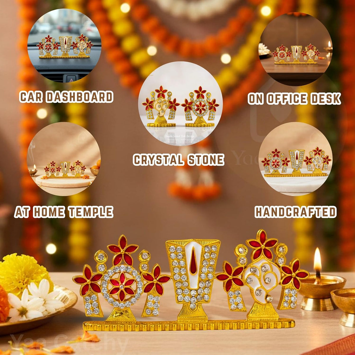 YaaNatural Yaa Catchy Lord Balaji Double-Sided Idol for Car Dashboard & Home Decor Gold Finish Venkateswara Face Statue | Spiritual Gift, Pooja & Office Idol (Double Side Shanku Chakra Namam)