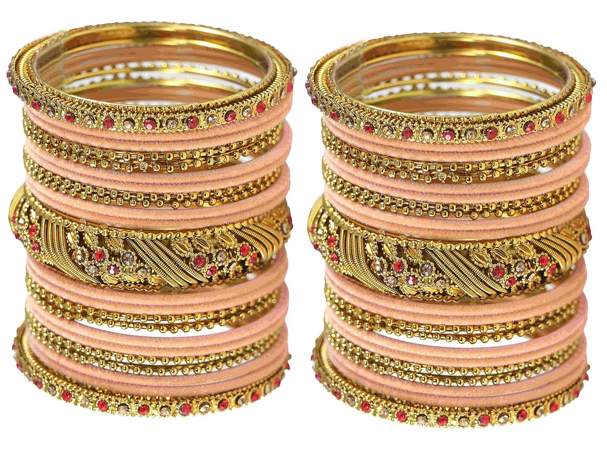 NMII Metal with Zircon Gemstone and Beads Studded Ball Chain Linked Glossy Finished Velvet Bangles Chuda set for Women and Girls