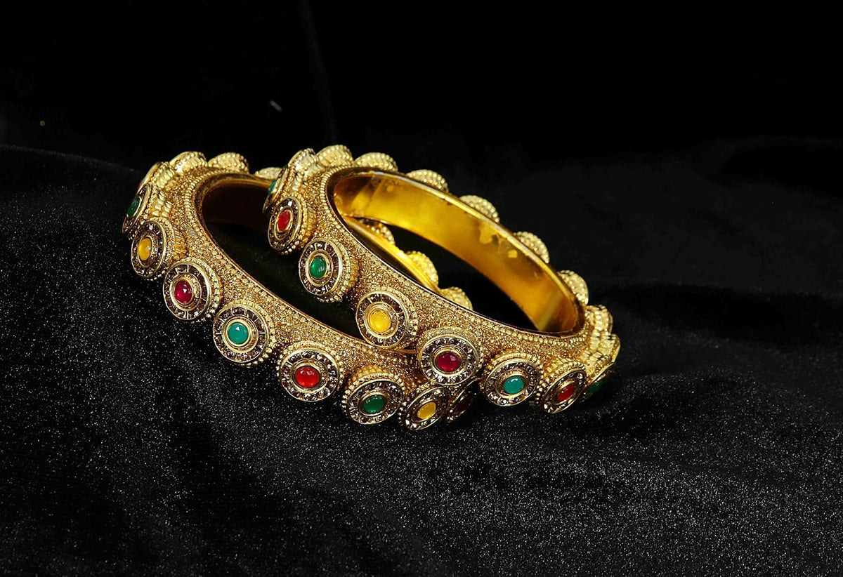 NMII Metal with Golden Zircon Stone & Beads Work Traditional Rajwadi Style Kada Bangles Set For Women & Girls | Gold Plated Bangles | Stylish Kangan | Bangles Set Wedding, Party, Occasion- Set of 2