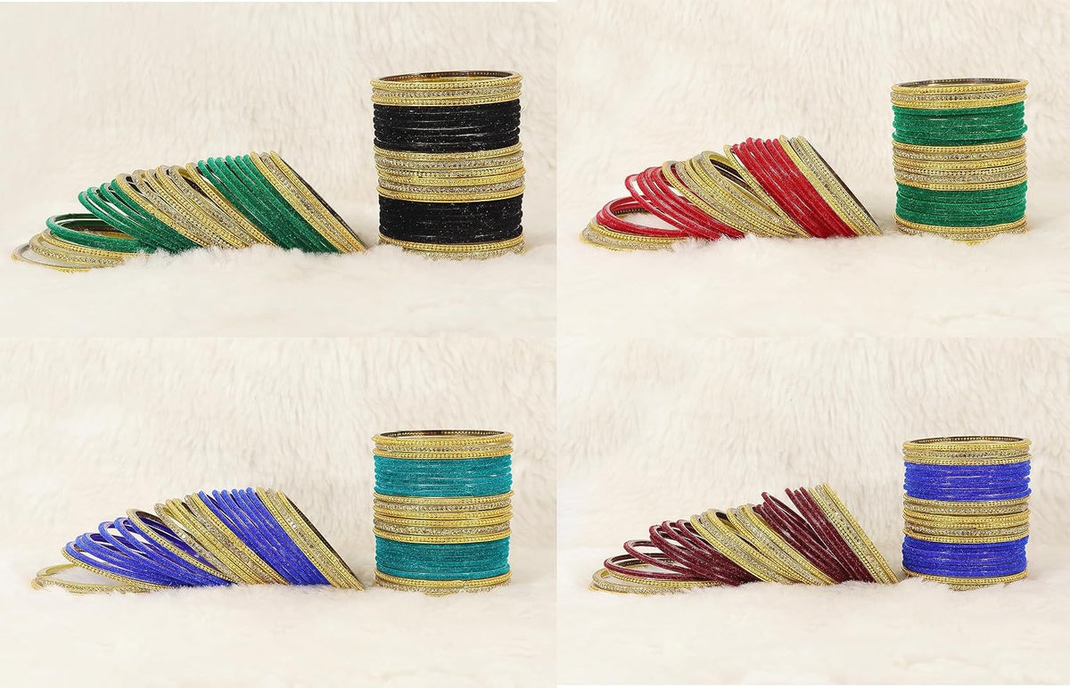 NMII Stylish Multicolour Glass Bangles Set For Women's & Girls Studded Golden Zircon Gemstone, Ballchain and Velvet Bangles | Fancy Glass Bangles Set- Pack of 144 Bangles
