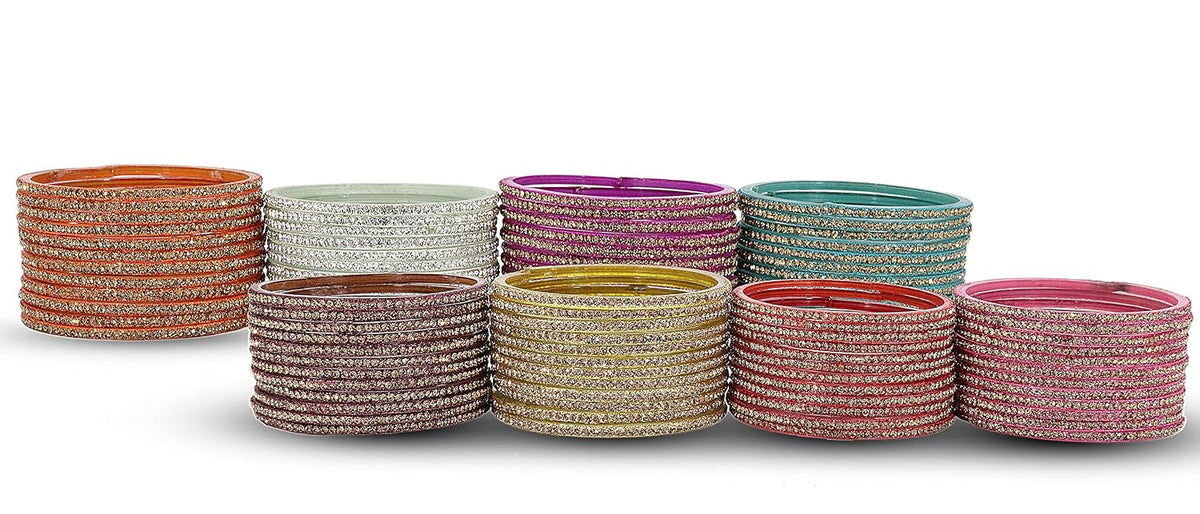NMII Glass with Zircon Gemstone and Beads Studdded Glossy Finished Traditional Bangle Set For Women and Girls