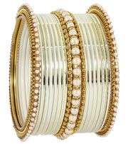 NMII Non-Precious Metal Base Metal Studded with Pearl or Zircon Gemstone and Linked with Ball Chain Glossy Finished Bangle Set For Women and Girls