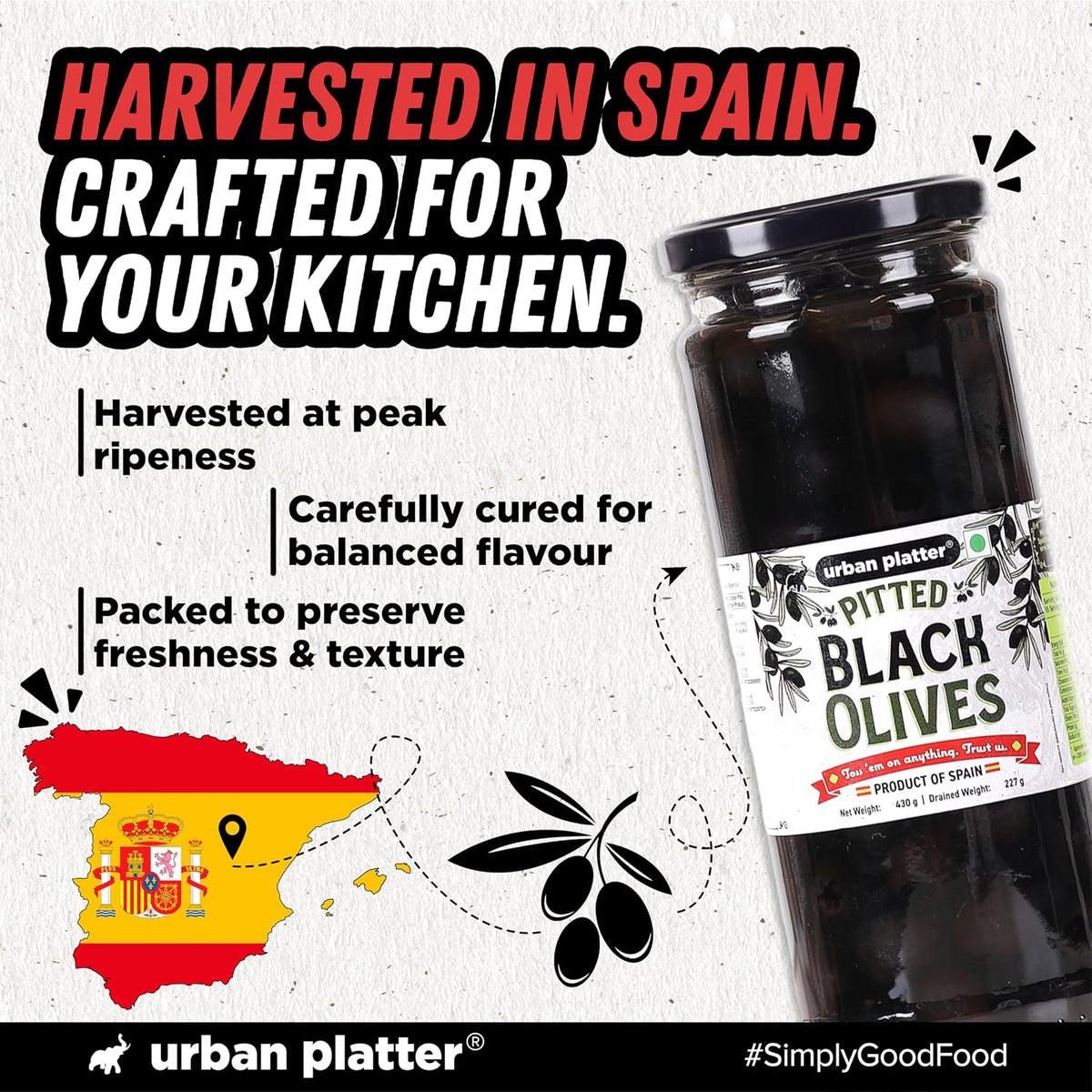 Urban Platter Pitted Black Spanish Olives, 430g (Whole & Seedless | Rich Mediterranean Taste | Ideal for Pizzas, Salads, Pasta & Snacking)