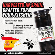 Urban Platter Pitted Black Spanish Olives, 430g (Whole & Seedless | Rich Mediterranean Taste | Ideal for Pizzas, Salads, Pasta & Snacking)