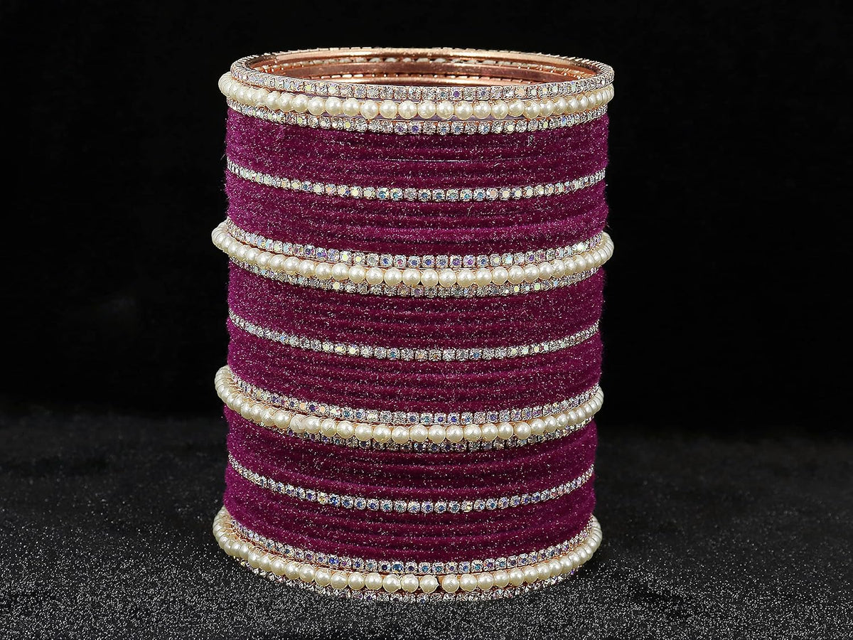 NMII Metal with Cubic Zirconia and Pearls Velvet Bangles For Women and Girls