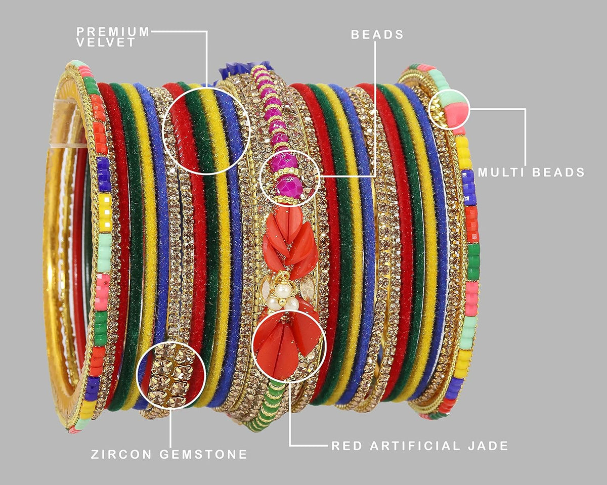 NMII Metal With Zircon Gemstone and Beads Studded Velvet Bangles For Women and Girls